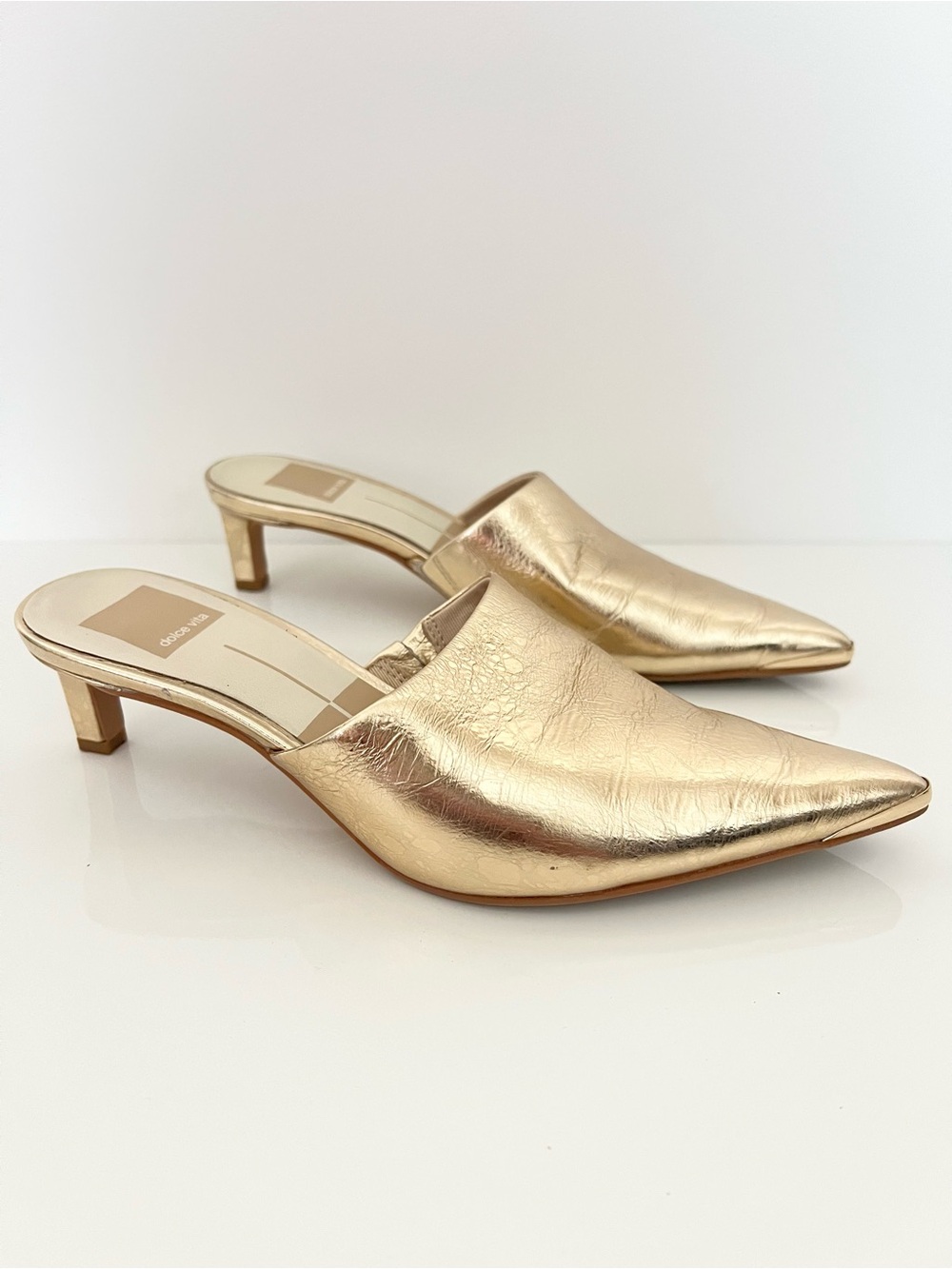 Dolce Vita Lexy Heeled Sandals Metallic Gold Leather Kitten Heel Mules US 6 $130